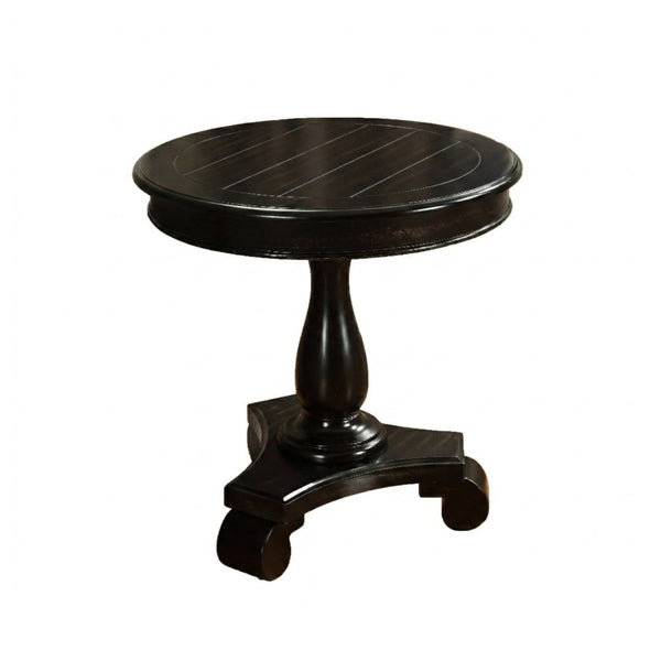 English Elm Rene Carved Solid Wood Round Pedestal Side Table with Scrolled Feet for Living Spaces Black T2574P164760