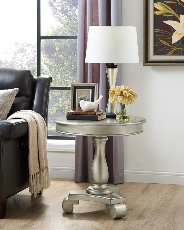 English Elm Rene Carved Solid Wood Round Pedestal Side Table with Scrolled Feet for Living Spaces Champagne T2574P164761