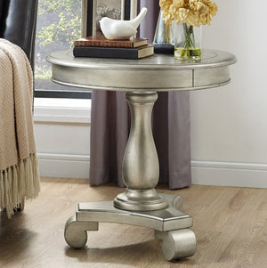 English Elm Rene Carved Solid Wood Round Pedestal Side Table with Scrolled Feet for Living Spaces Champagne T2574P164761