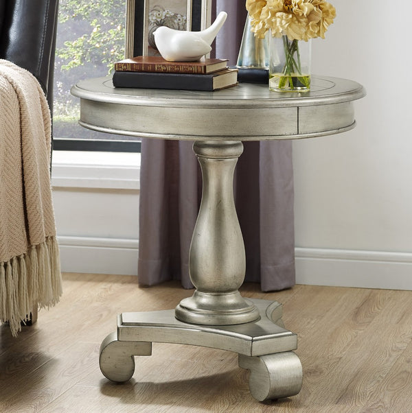 English Elm Rene Carved Solid Wood Round Pedestal Side Table with Scrolled Feet for Living Spaces Champagne T2574P164761