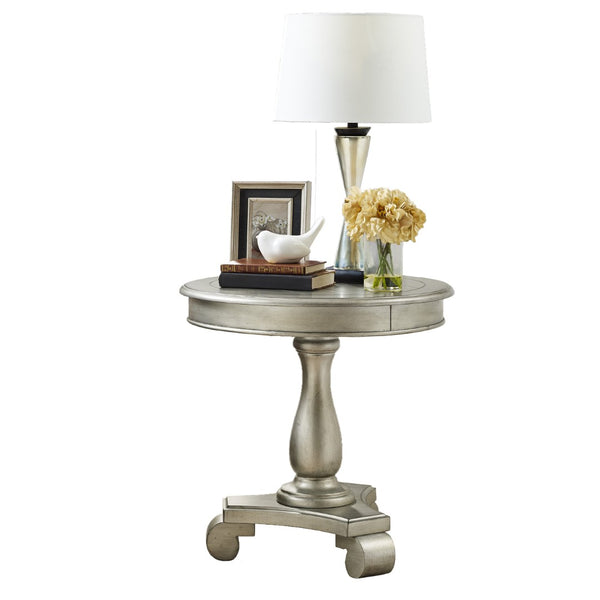 English Elm Rene Carved Solid Wood Round Pedestal Side Table with Scrolled Feet for Living Spaces Champagne T2574P164761