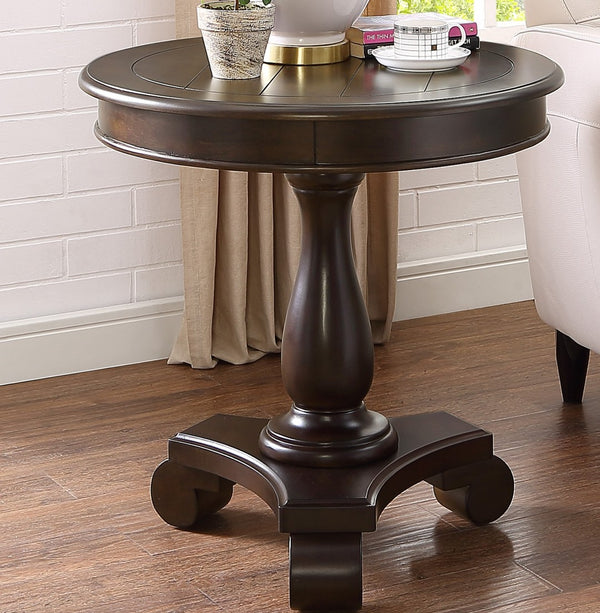 English Elm Rene Carved Solid Wood Round Pedestal Side Table with Scrolled Feet for Living Spaces Espresso T2574P164762