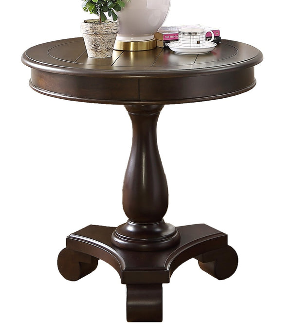 English Elm Rene Carved Solid Wood Round Pedestal Side Table with Scrolled Feet for Living Spaces Espresso T2574P164762