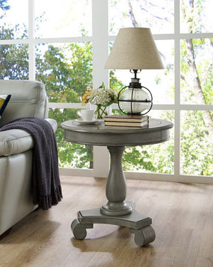 English Elm Rene Carved Solid Wood Round Pedestal Side Table with Scrolled Feet for Living Spaces Gray T2574P164763
