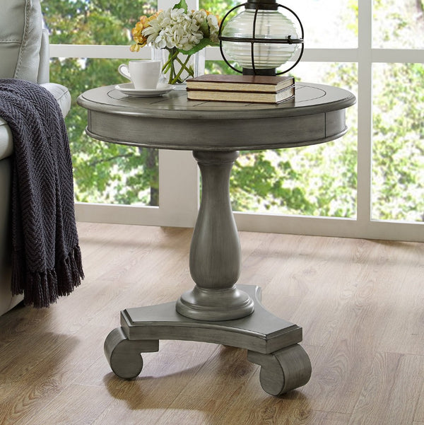 English Elm Rene Carved Solid Wood Round Pedestal Side Table with Scrolled Feet for Living Spaces Gray T2574P164763