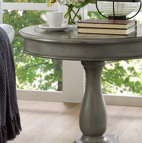 English Elm Rene Carved Solid Wood Round Pedestal Side Table with Scrolled Feet for Living Spaces Gray T2574P164763