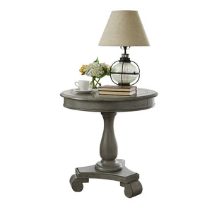 English Elm Rene Carved Solid Wood Round Pedestal Side Table with Scrolled Feet for Living Spaces Gray T2574P164763