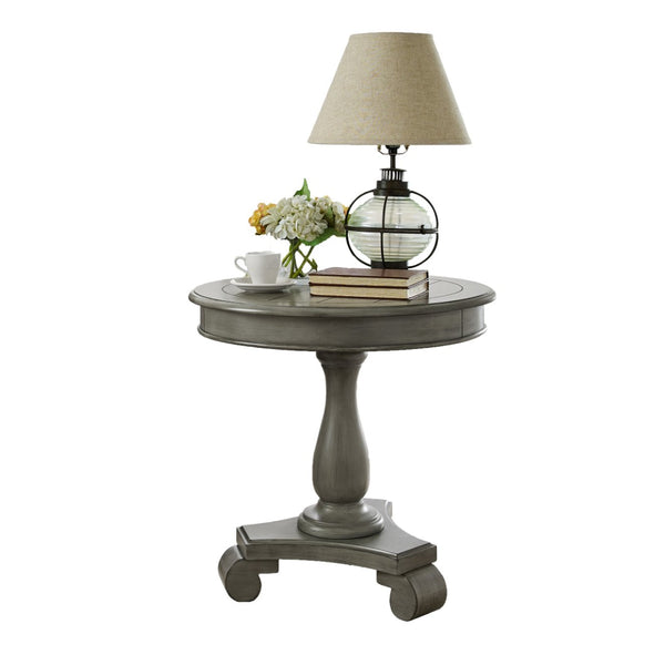 English Elm Rene Carved Solid Wood Round Pedestal Side Table with Scrolled Feet for Living Spaces Gray T2574P164763