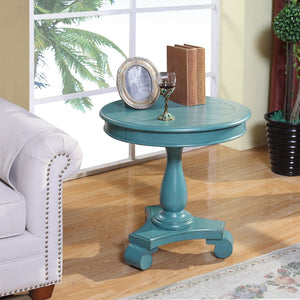 English Elm Rene Carved Solid Wood Round Pedestal Side Table with Scrolled Feet for Living Spaces Teal T2574P164764