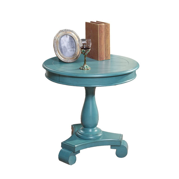English Elm Rene Carved Solid Wood Round Pedestal Side Table with Scrolled Feet for Living Spaces Teal T2574P164764