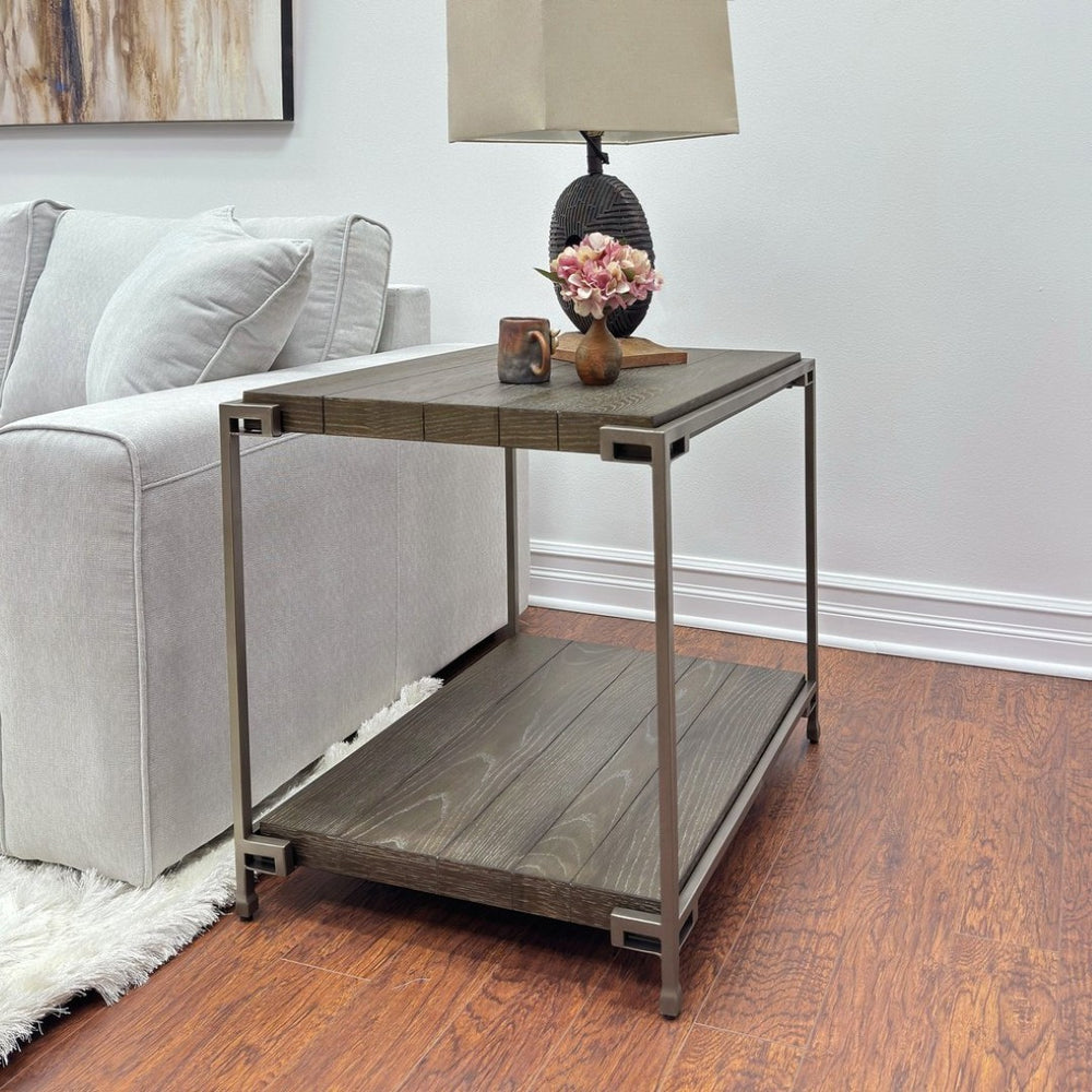 English Elm Corbeta Industrial End Table Solid Hardwood and Welded Metal Frame with Open Shelf T2574P164769