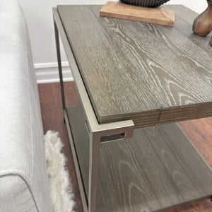 English Elm Corbeta Industrial End Table Solid Hardwood and Welded Metal Frame with Open Shelf T2574P164769