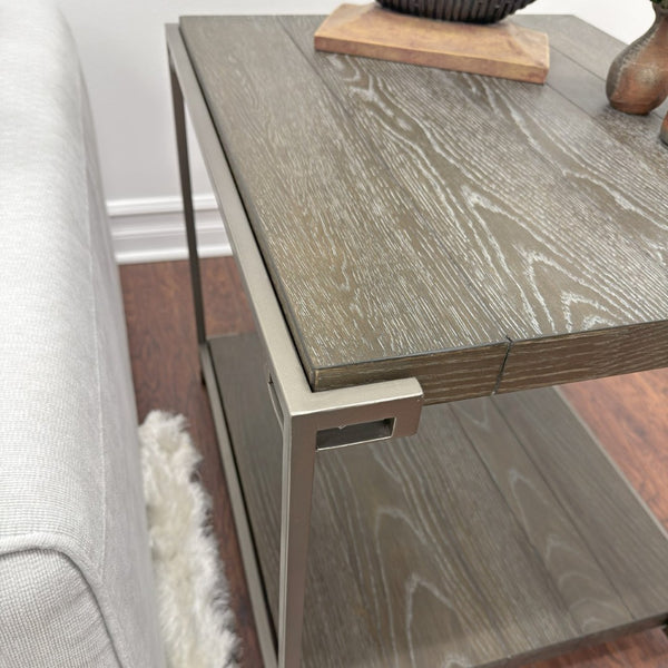 English Elm Corbeta Industrial End Table Solid Hardwood and Welded Metal Frame with Open Shelf T2574P164769