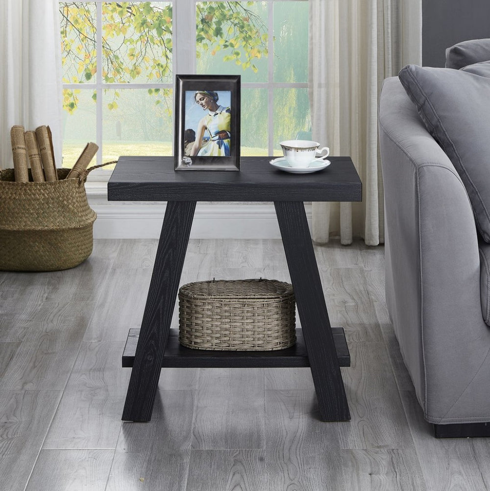 English Elm Athens Sculptural Wood Veneer Side Table with Open Shelf for Modern Living Spaces Black T2574P164772