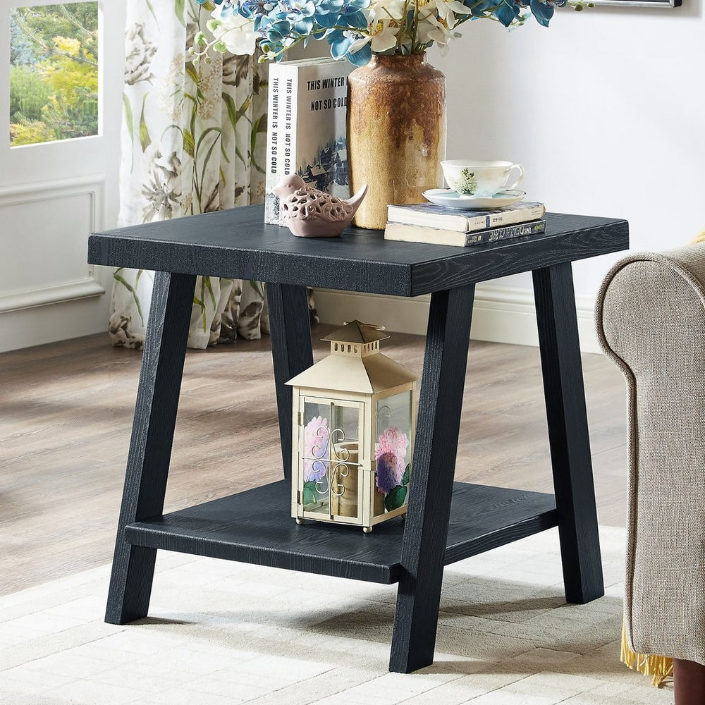 English Elm Athens Architectural End Table with Open Shelf and Hardwood Veneer Top for Living Room Black T2574P164776