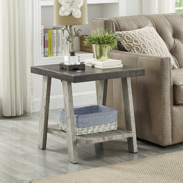 English Elm Athens Open Shelf End Table Hardwood Veneer White Living Room Accent Furniture Weathered Walnut and Gray T2574P164779