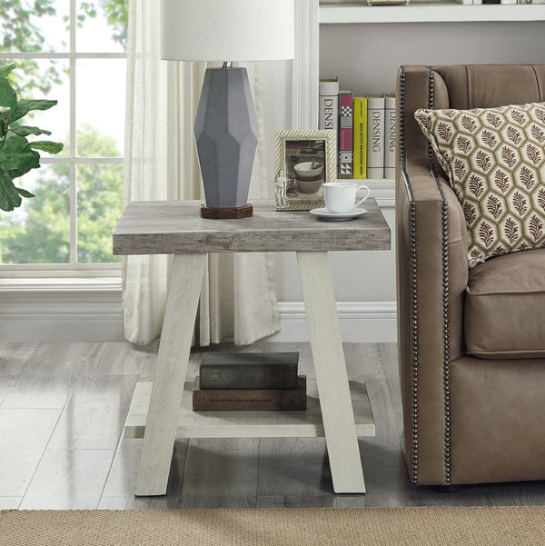 English Elm Athens Open Shelf End Table Hardwood Veneer White Living Room Accent Furniture Weathered Gray and Beige T2574P164780