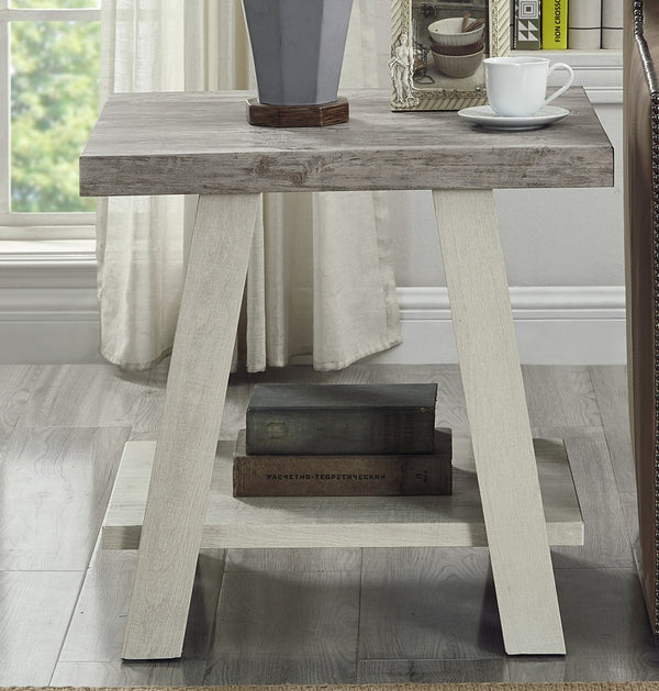 English Elm Athens Open Shelf End Table Hardwood Veneer White Living Room Accent Furniture Weathered Gray and Beige T2574P164780