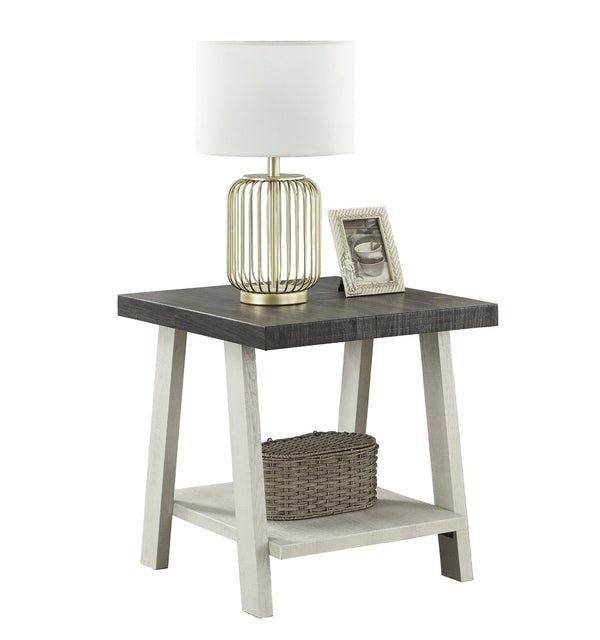 English Elm Athens Open Shelf End Table Hardwood Veneer White Living Room Accent Furniture Weathered Charcoal and Beige T2574P164781