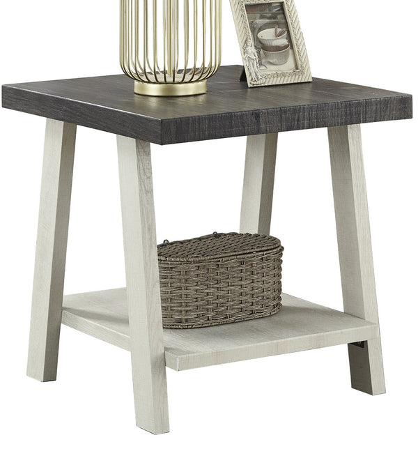 English Elm Athens Open Shelf End Table Hardwood Veneer White Living Room Accent Furniture Weathered Charcoal and Beige T2574P164781