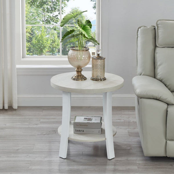 English Elm Anze Round Wood Grain End Table with Open Shelf for Modern Living Spaces White T2574P164783