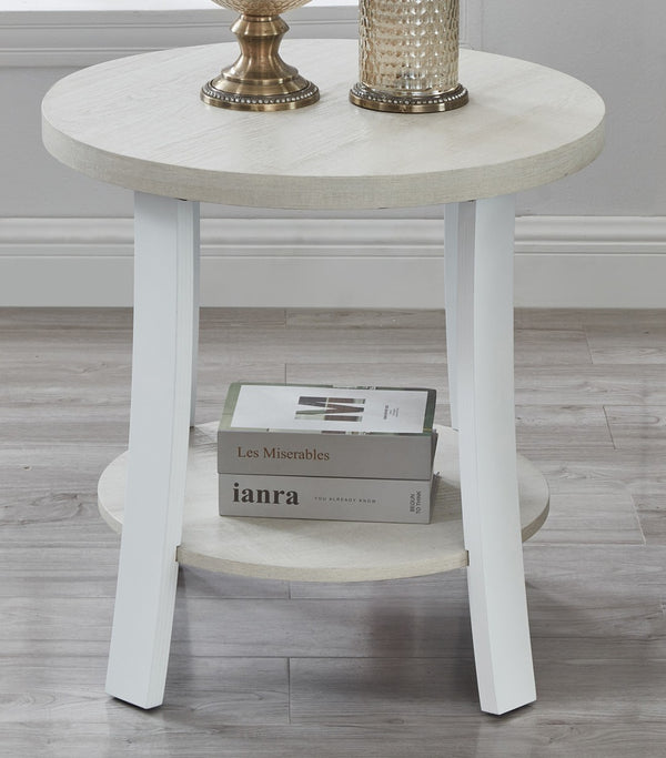 English Elm Anze Round Wood Grain End Table with Open Shelf for Modern Living Spaces White T2574P164783