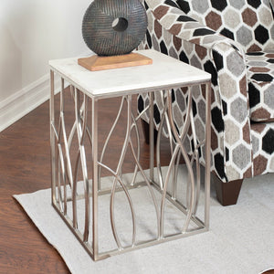 English Elm Kameral Genuine Marble Square Side Table with Sculptural Stainless Steel Base T2574P164787