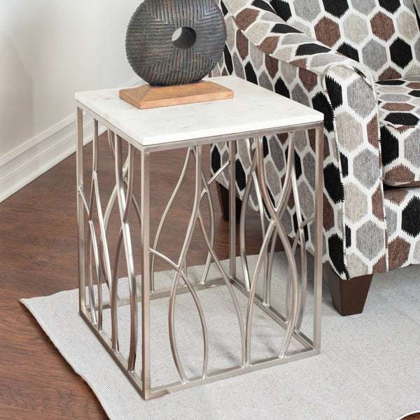 English Elm Kameral Genuine Marble Square Side Table with Sculptural Stainless Steel Base T2574P164787