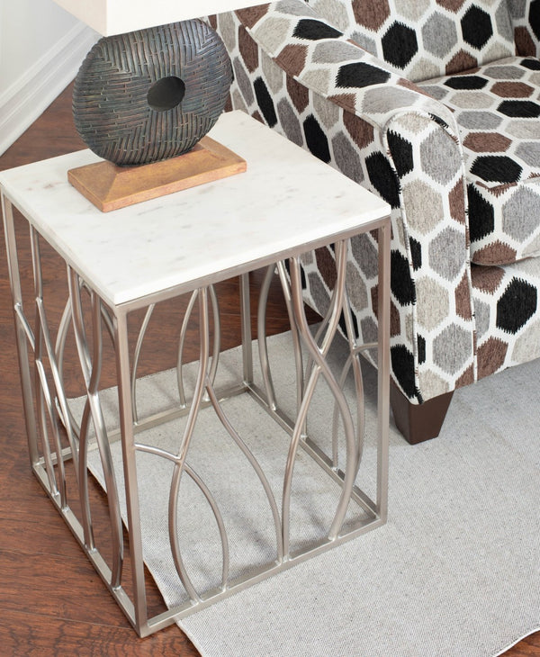 English Elm Kameral Genuine Marble Square Side Table with Sculptural Stainless Steel Base T2574P164787