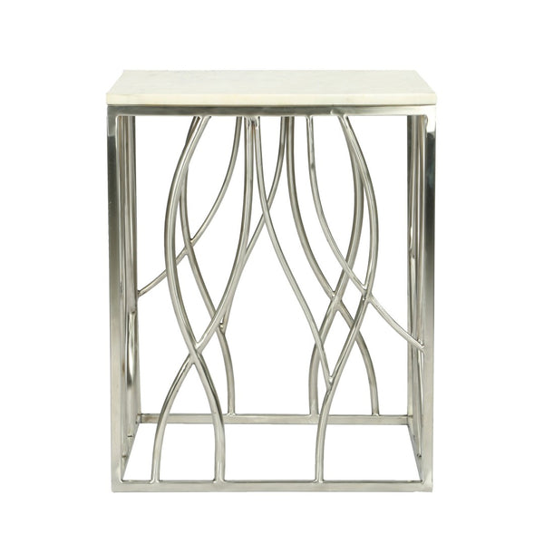 English Elm Kameral Genuine Marble Square Side Table with Sculptural Stainless Steel Base T2574P164787
