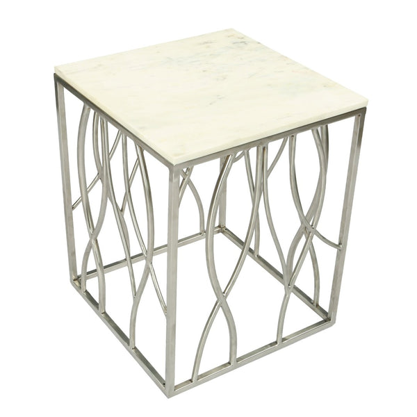 English Elm Kameral Genuine Marble Square Side Table with Sculptural Stainless Steel Base T2574P164787