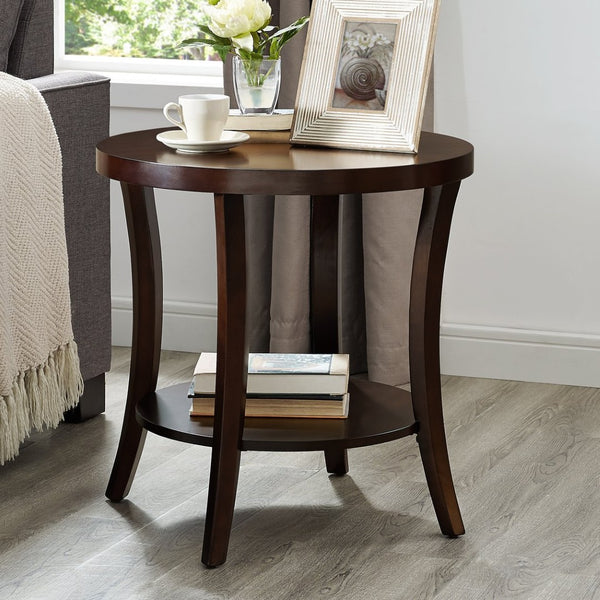 English Elm Perth Round Two Tier Birch Wood End Table with Curved Legs for Contemporary Living T2574P164800