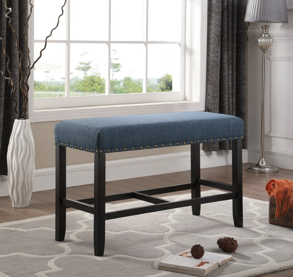 English Elm Biony Linen Cotton Upholstered Counter Height Bench with Nailhead Trim and Turned Hardwood Legs Blue T2574P164804