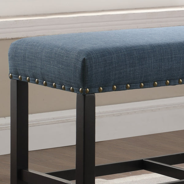 English Elm Biony Linen Cotton Upholstered Counter Height Bench with Nailhead Trim and Turned Hardwood Legs Blue T2574P164804