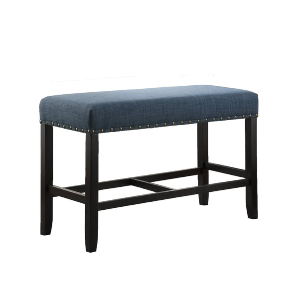 English Elm Biony Linen Cotton Upholstered Counter Height Bench with Nailhead Trim and Turned Hardwood Legs Blue T2574P164804