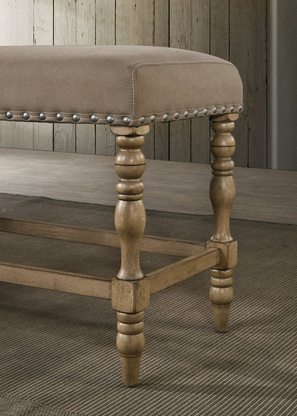English Elm Birmingham Khaki Microfiber Counter Bench Nailhead Trim Rubberwood Driftwood Finish T2574P164807