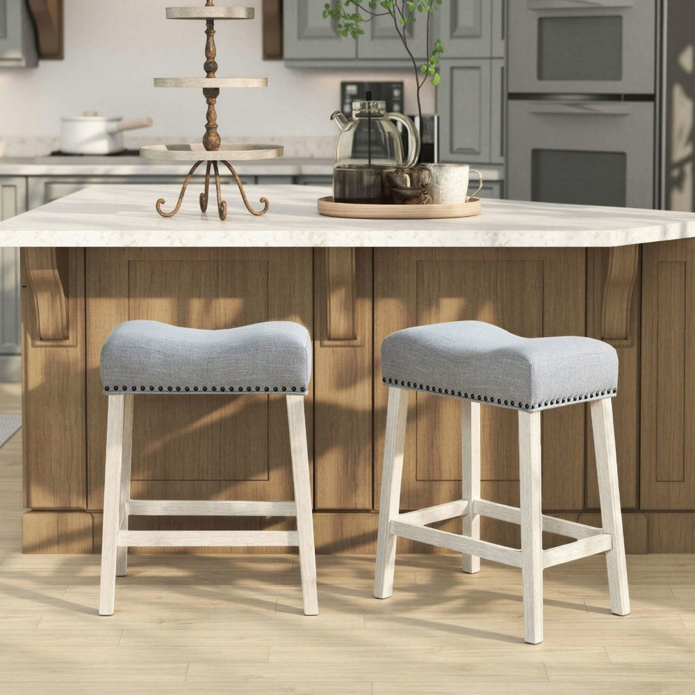 English Elm Coco Farmhouse Saddle Seat Counterstools with Nailhead Trim and Padded Gray Upholstery T2574P164808