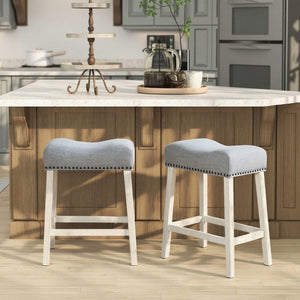 English Elm Coco Farmhouse Saddle Seat Counterstools with Nailhead Trim and Padded Gray Upholstery T2574P164808