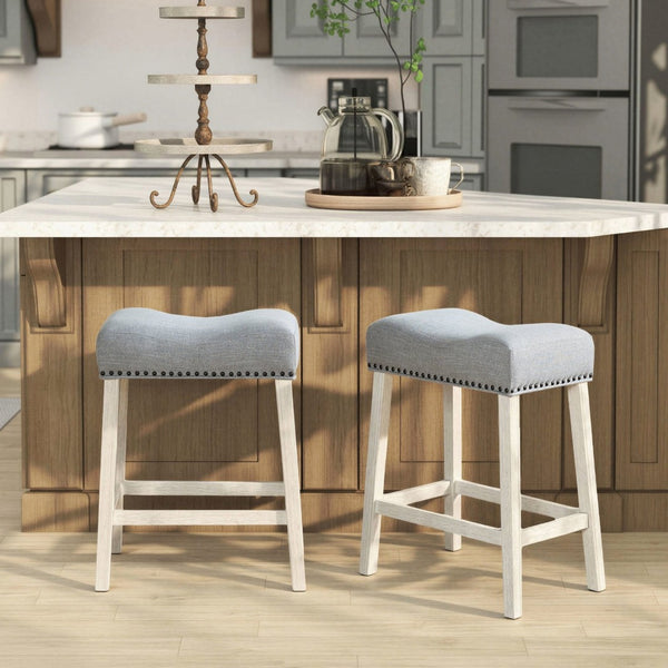 English Elm Coco Farmhouse Saddle Seat Counterstools with Nailhead Trim and Padded Gray Upholstery T2574P164808