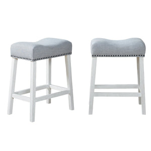 English Elm Coco Farmhouse Saddle Seat Counterstools with Nailhead Trim and Padded Gray Upholstery T2574P164808