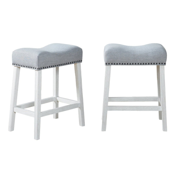 English Elm Coco Farmhouse Saddle Seat Counterstools with Nailhead Trim and Padded Gray Upholstery T2574P164808