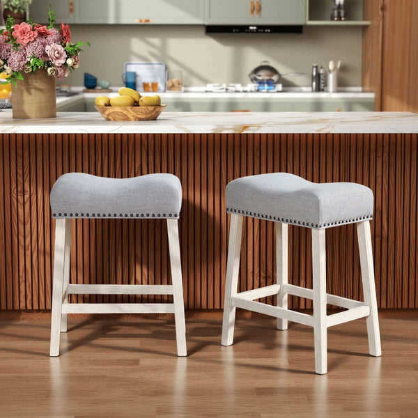 English Elm Coco Farmhouse Saddle Seat Counterstools with Nailhead Trim and Padded Gray Upholstery T2574P164808