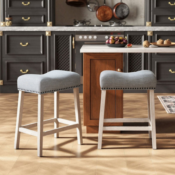 English Elm Coco Farmhouse Saddle Seat Counterstools with Nailhead Trim and Padded Gray Upholstery T2574P164808