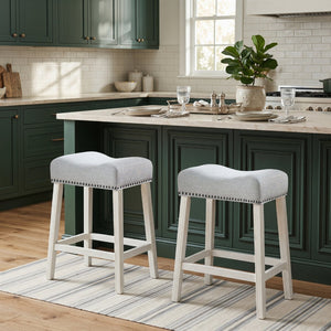 English Elm Coco Farmhouse Saddle Seat Counterstools with Nailhead Trim and Padded Gray Upholstery T2574P164808