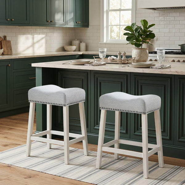 English Elm Coco Farmhouse Saddle Seat Counterstools with Nailhead Trim and Padded Gray Upholstery T2574P164808
