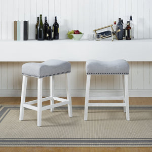English Elm Coco Farmhouse Saddle Seat Counterstools with Nailhead Trim and Padded Gray Upholstery T2574P164808