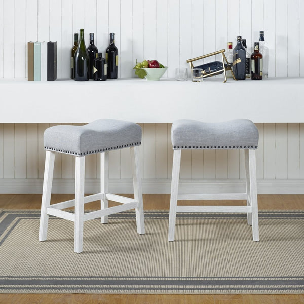 English Elm Coco Farmhouse Saddle Seat Counterstools with Nailhead Trim and Padded Gray Upholstery T2574P164808