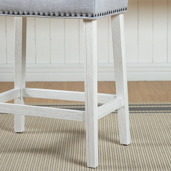English Elm Coco Farmhouse Saddle Seat Counterstools with Nailhead Trim and Padded Gray Upholstery T2574P164808