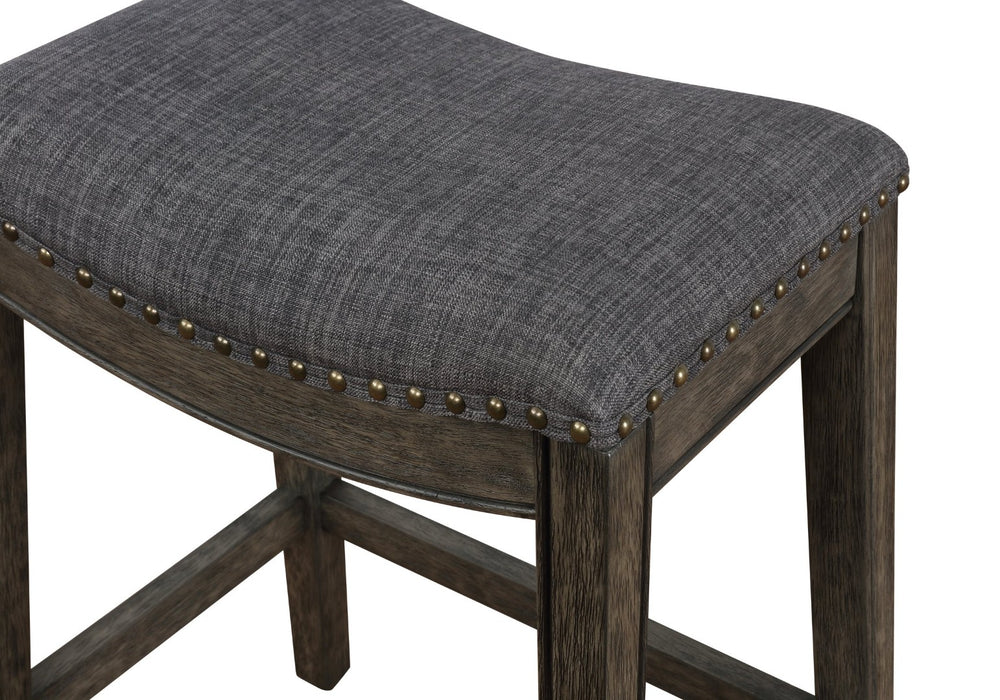 English Elm Maroni Gray Fabric Saddle Barstools with Nailhead Trim and Rustic Whitewash Wood Frame T2574P164814