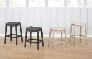 English Elm Maroni Gray Fabric Saddle Barstools with Nailhead Trim and Rustic Whitewash Wood Frame T2574P164814